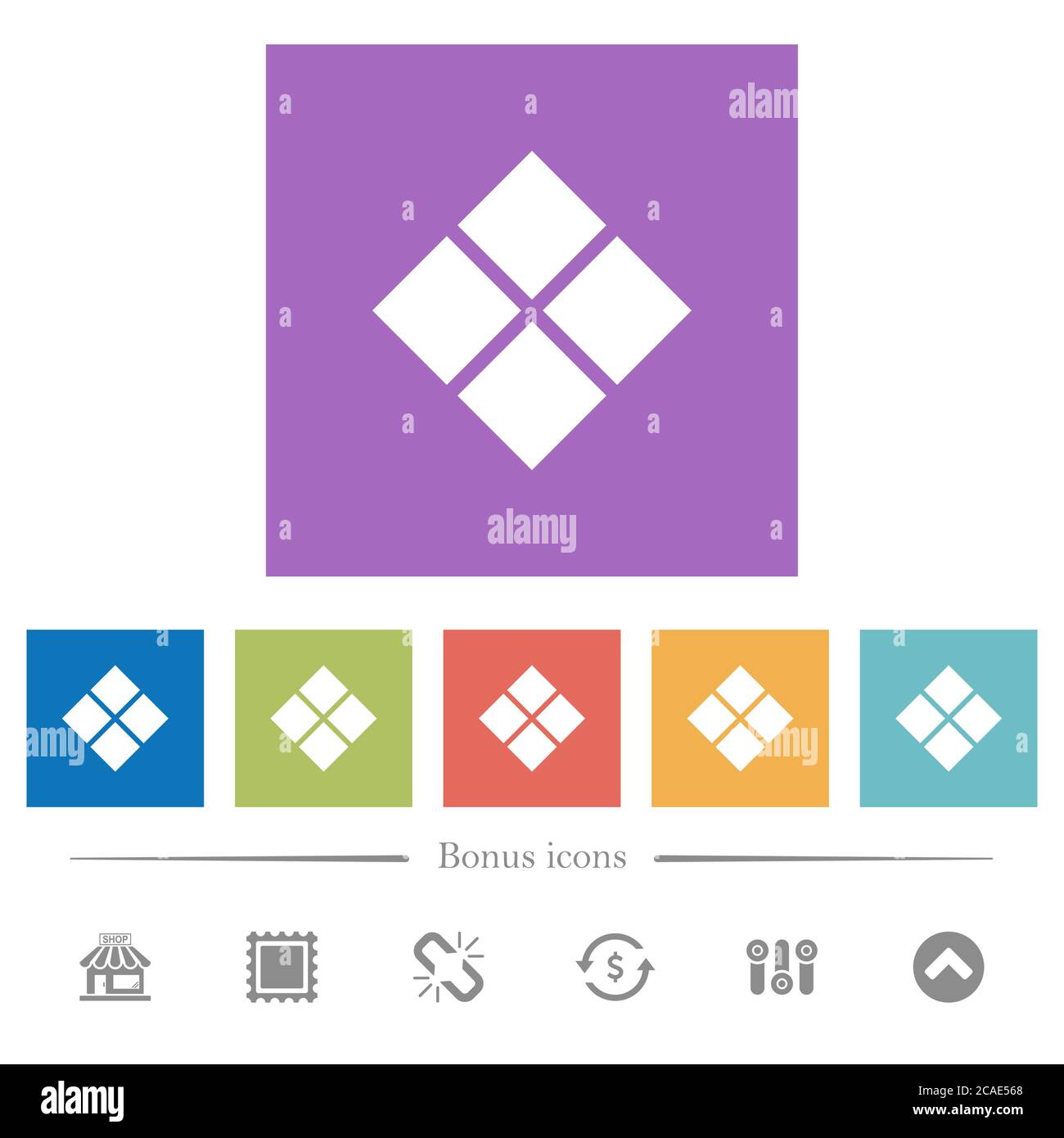 Diagonal tile pattern flat white icons in square backgrounds. 6 bonus icons included. Stock Vector
