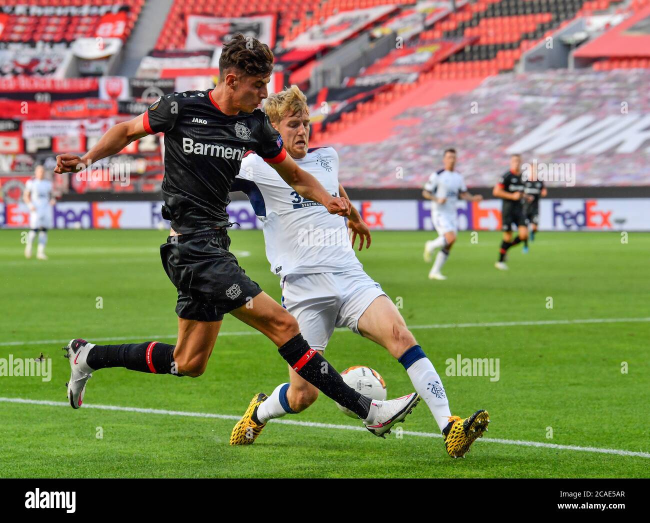 Bayer 04 Leverkusens Kai Havertz Left And Rangers Filip Helander Battle For The Ball During 0205