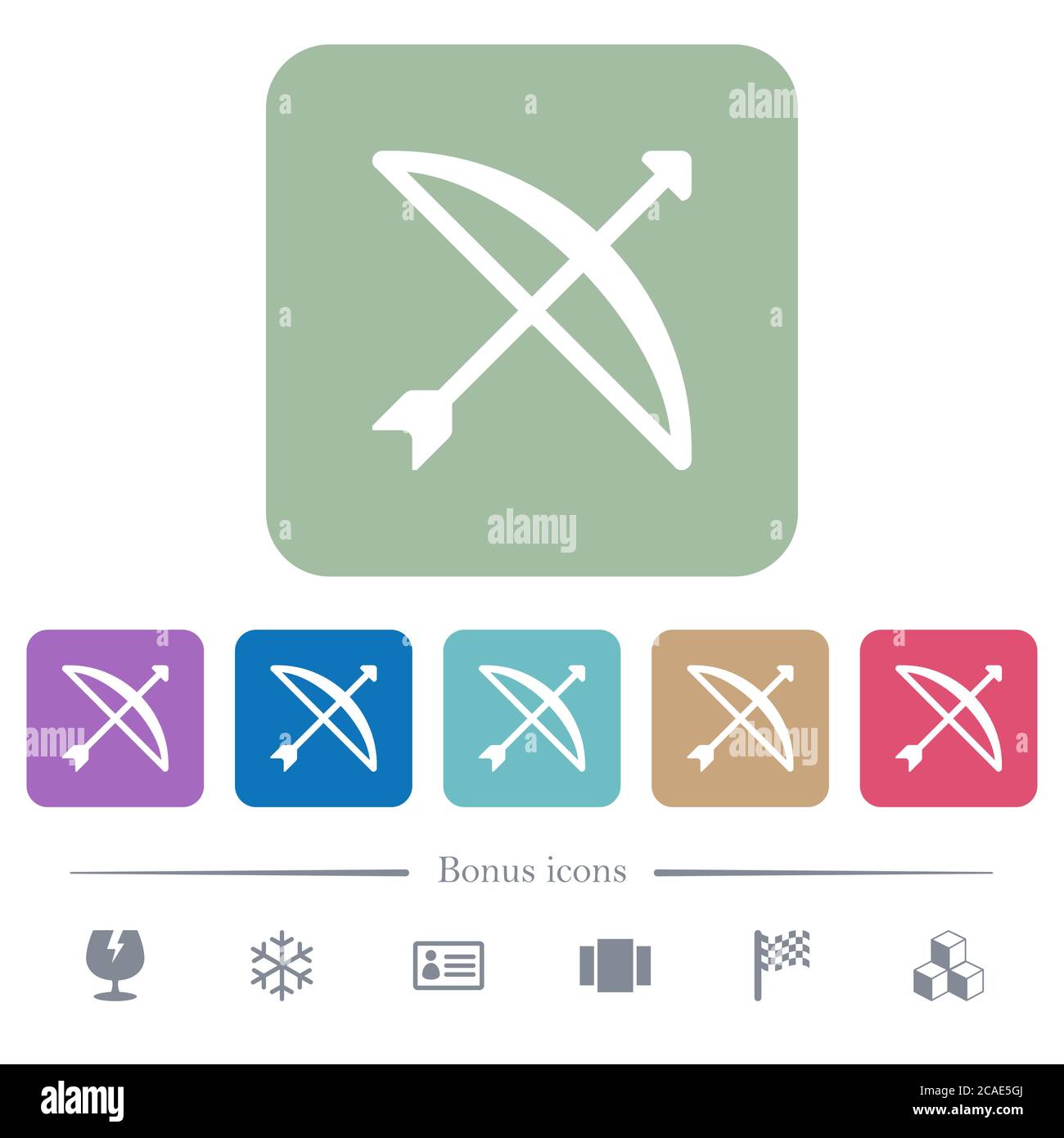 Bow with arrow white flat icons on color rounded square backgrounds. 6 ...
