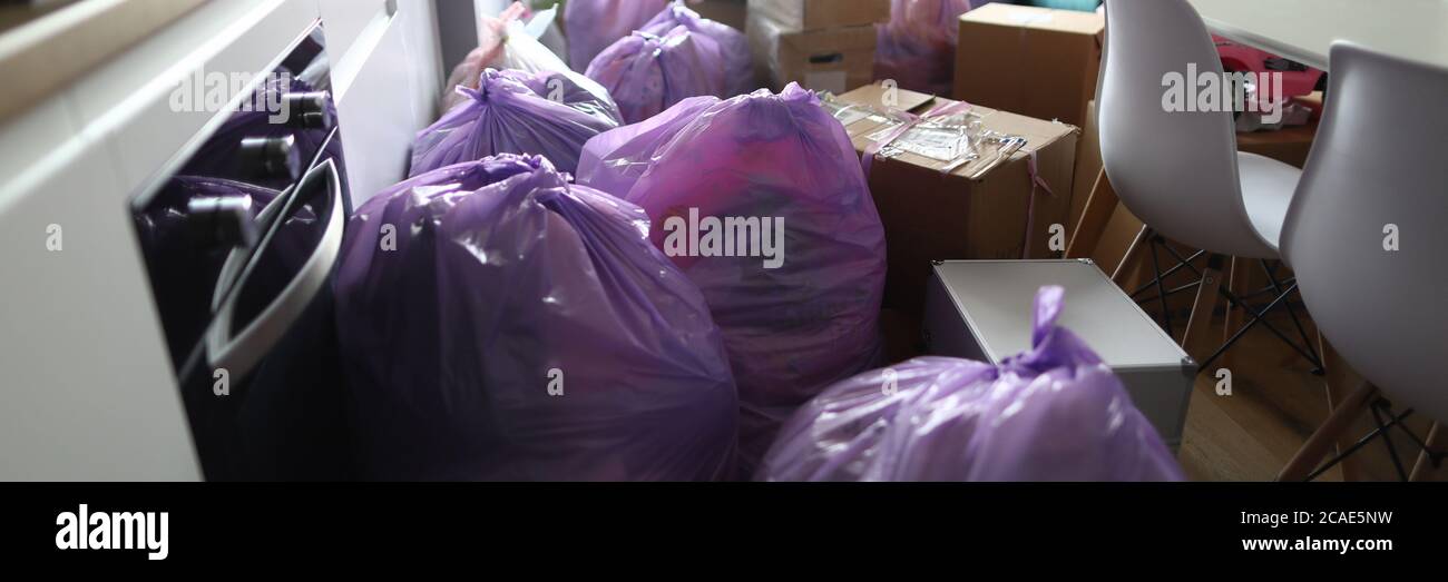 Kitchen is full garbage bags and cardboard boxes Stock Photo