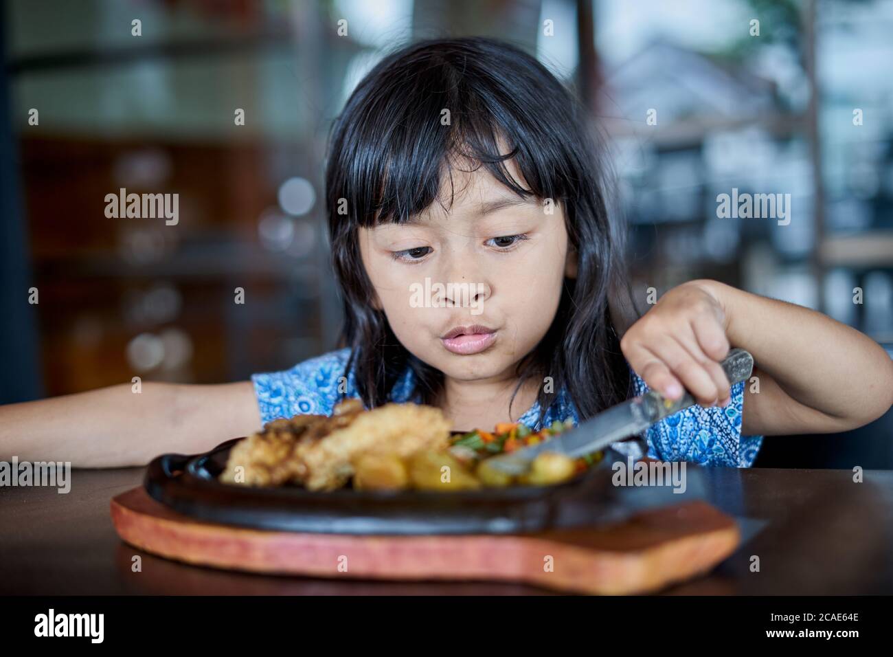 https://c8.alamy.com/comp/2CAE64E/little-girl-holding-knife-and-fork-cutting-grilled-chicken-steak-on-stoned-plate-in-restaurant-2CAE64E.jpg