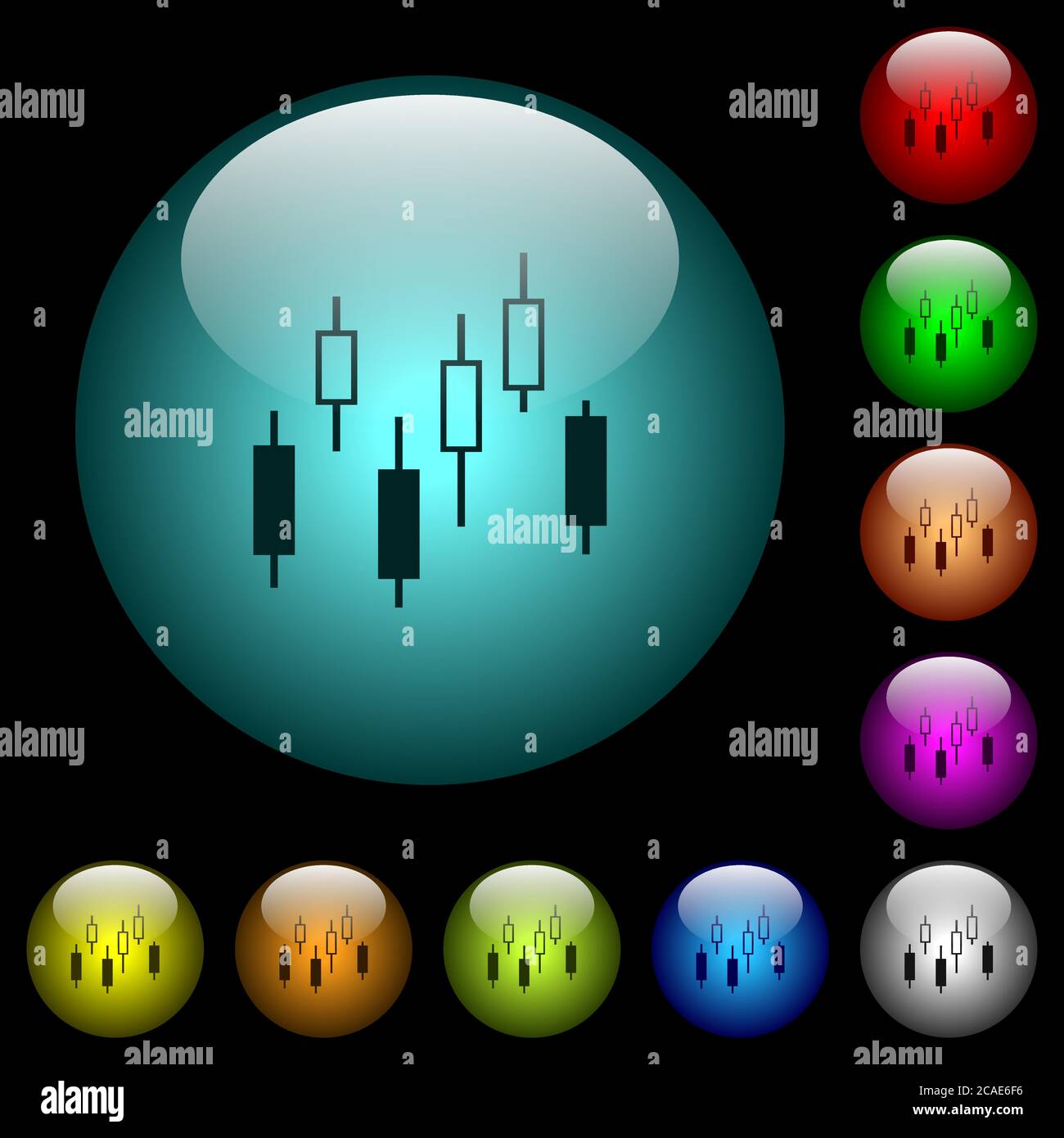 Candlestick chart icons in color illuminated spherical glass buttons on ...