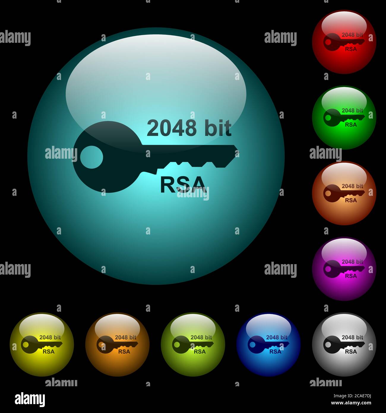 2048 bit rsa encryption icons in color illuminated spherical glass buttons on black background
