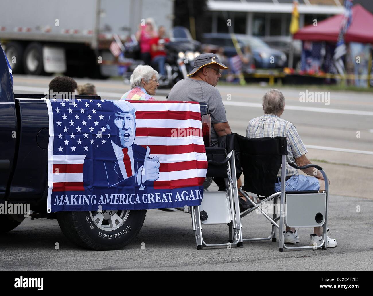Clyde, United States. 06th Aug, 2020. President Donald Trump supporters line the streets prior to the Presidents arrival to give remarks on American manufacturing and the economy at the Whirlpool corporation manufacturing plant in Clyde, Ohio on Thursday, August 6, 2020. Photo by Aaron Josefczyk/UPI Credit: UPI/Alamy Live News Stock Photo