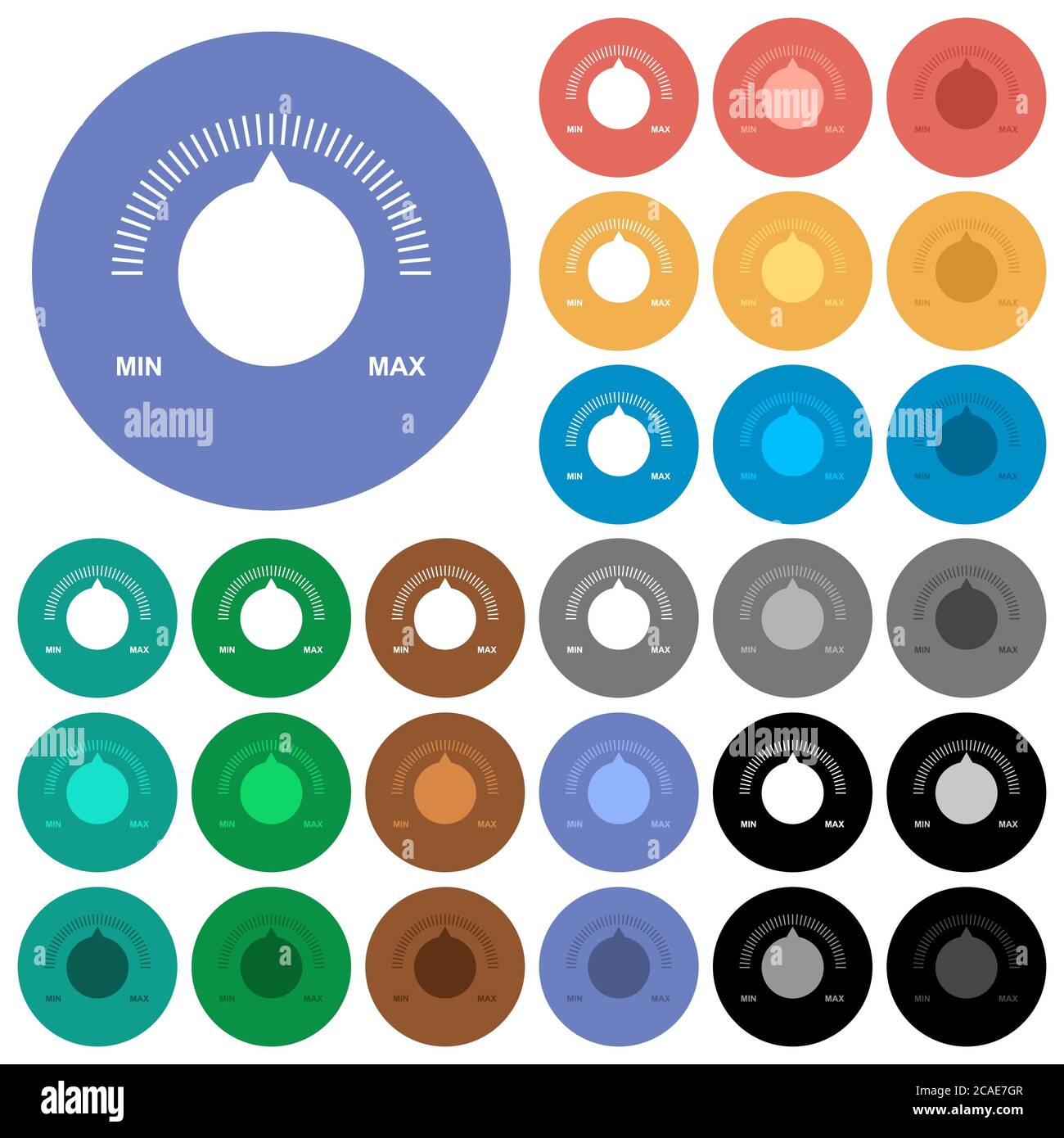 Volume control with captions multi colored flat icons on round ...