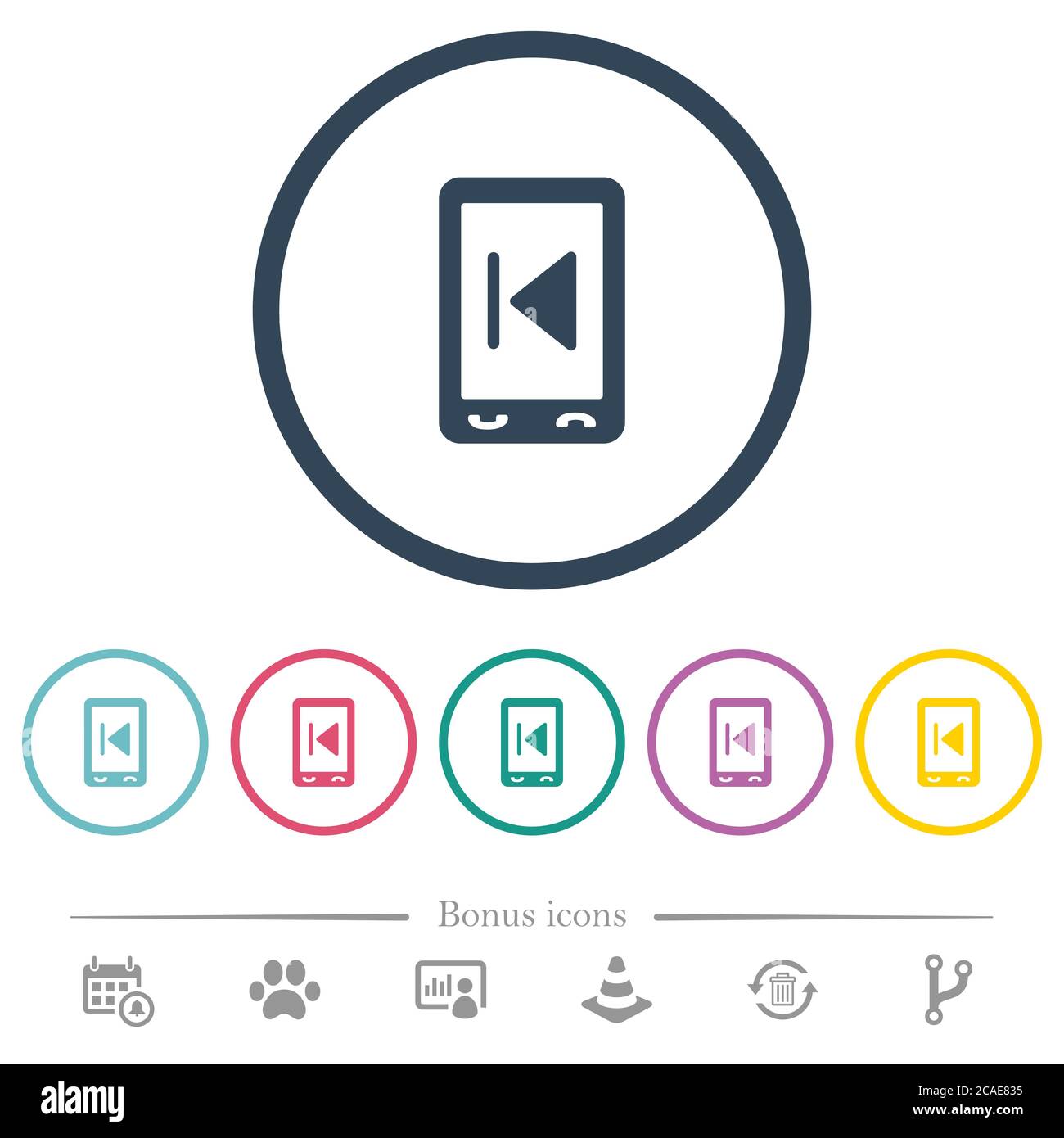 Mobile media previous flat color icons in round outlines. 6 bonus icons ...