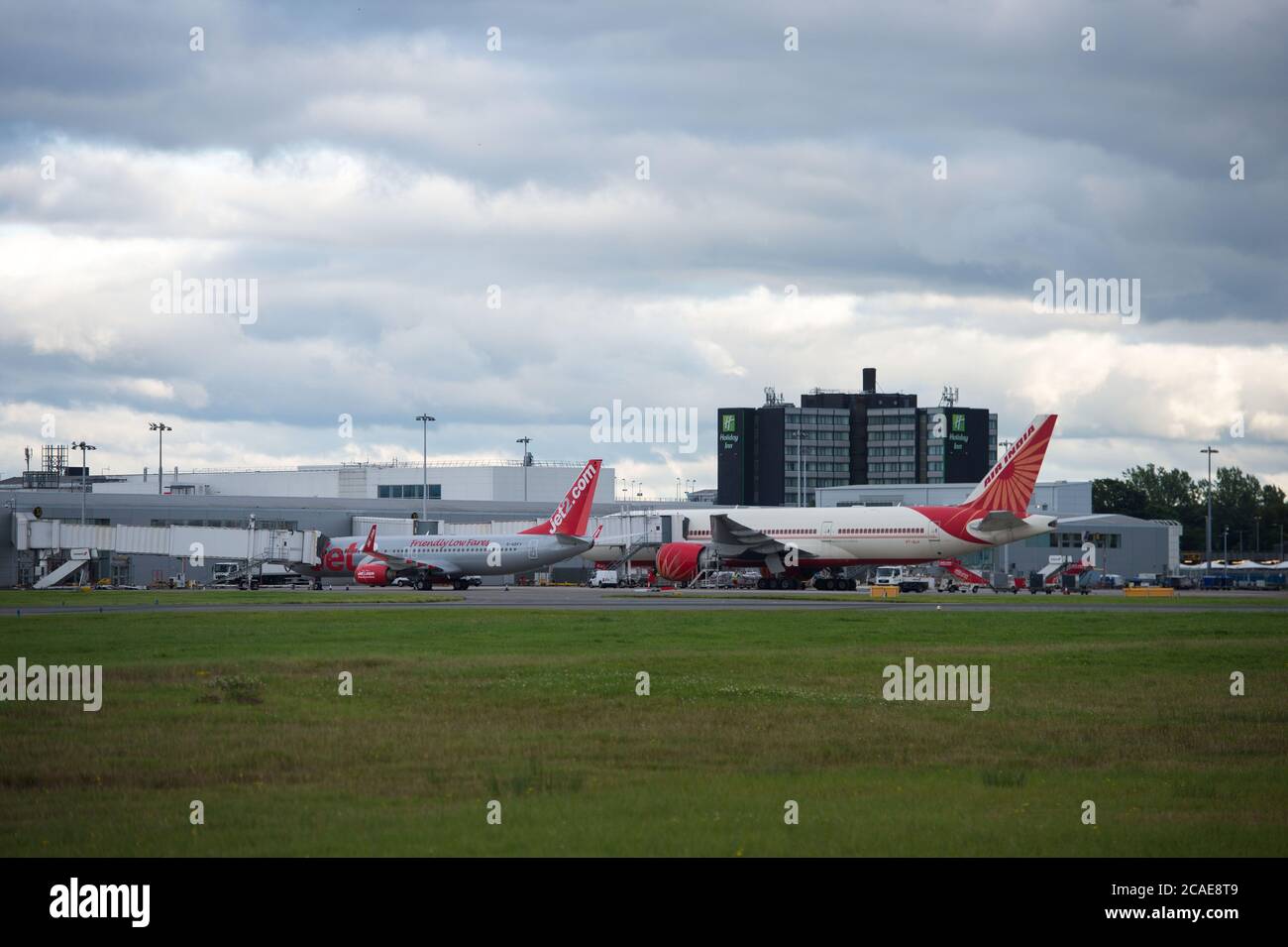 Glasgow, Scotland, UK. 6th Aug, 2020. Pictured: Air India Flight AI1133 from Mumbai lands at Glasgow International Airport transporting a film crew and cast which already disembarked the plane earlier. The film crew who landed last night are to be quarantined for 14 days before starting filming in Ayrshire later this month with Bollywood blockbuster, Bell Bottom, where it's reported the 80s' thriller revolves around a plane hijacking. The plane is a Boeing 777-237(LR) aircraft. Credit: Colin Fisher/Alamy Live News Stock Photo