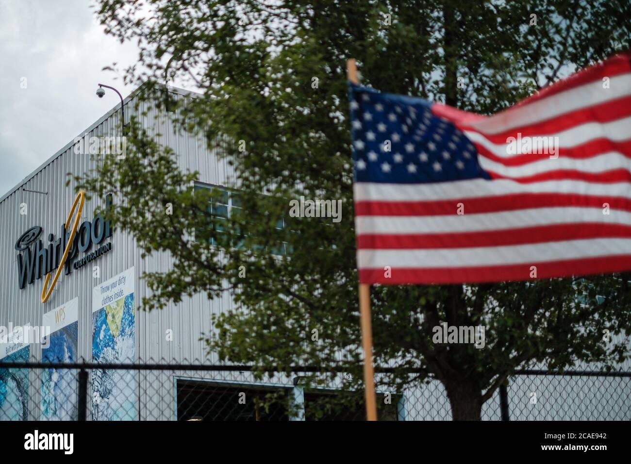 Clyde, Oh, USA. 6th Aug, 2020. An AMerican Flag blows in the wind before President Trump's visit to Whirlpool Thursday. Credit: Andrew Dolph/ZUMA Wire/Alamy Live News Stock Photo