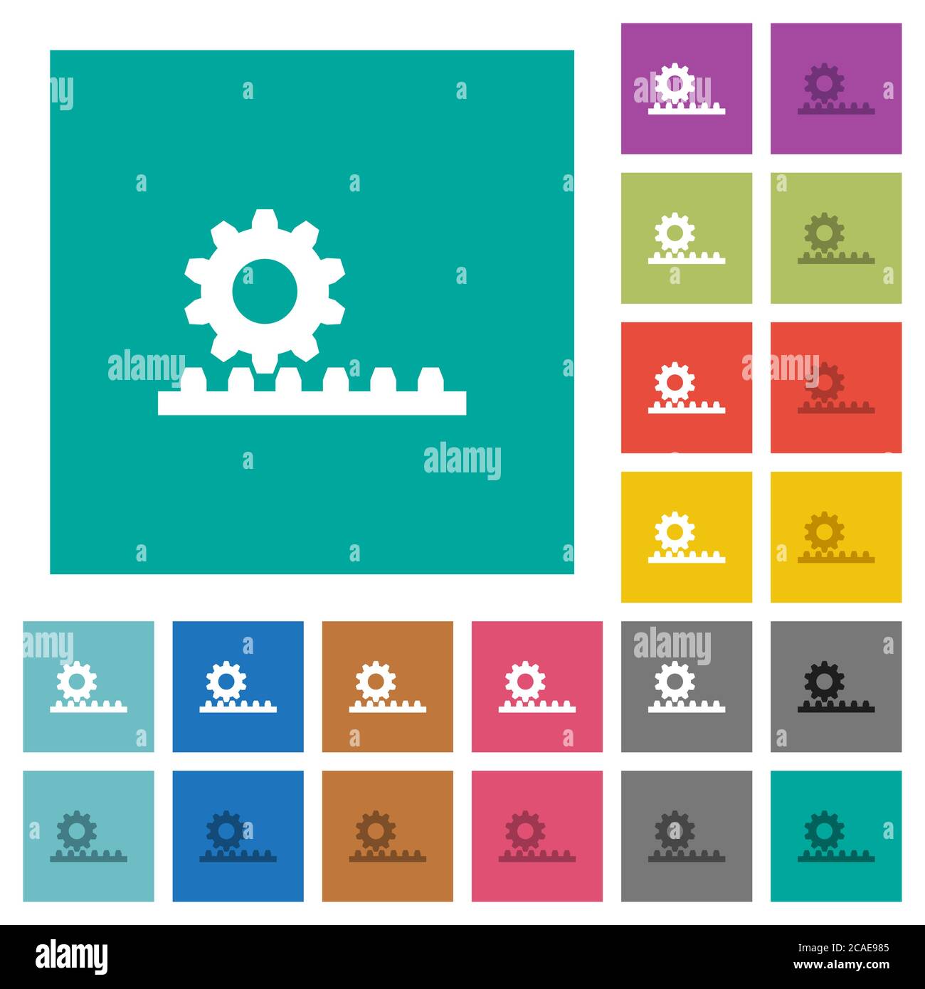 Cogwheel with rack pinion multi colored flat icons on plain square backgrounds. Included white and darker icon variations for hover or active effects. Stock Vector