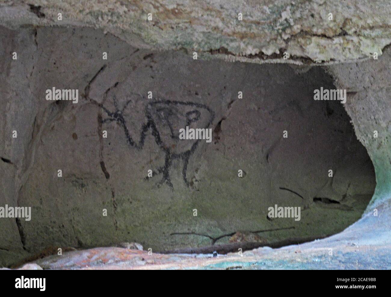 pictograph drawn by pre-Columbus Native Americans in cave  Los Haitises NP, Dominican Republic                   January 2014 Stock Photo