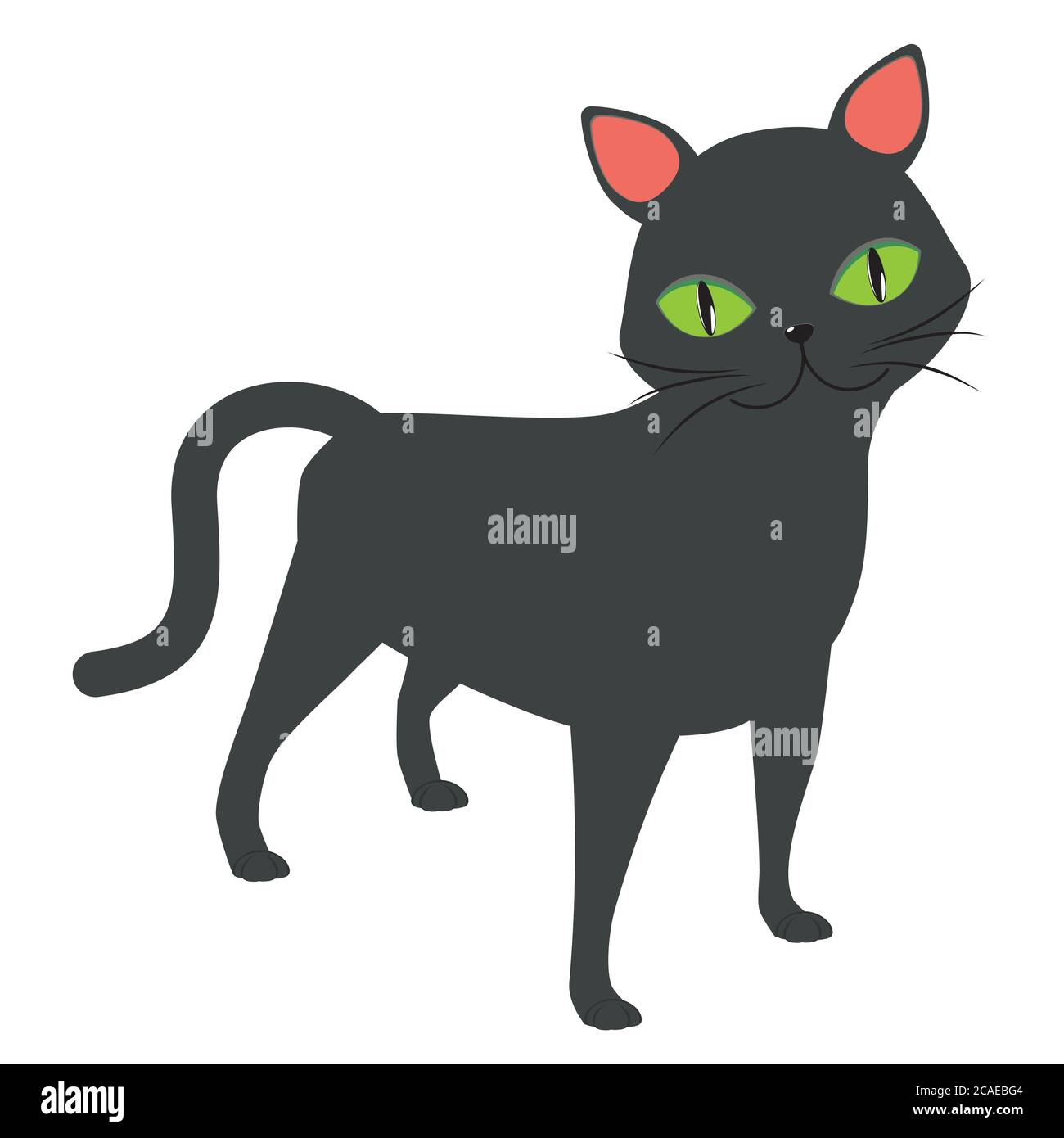 Cute cartoon black cat with big green eyes over white background Stock ...