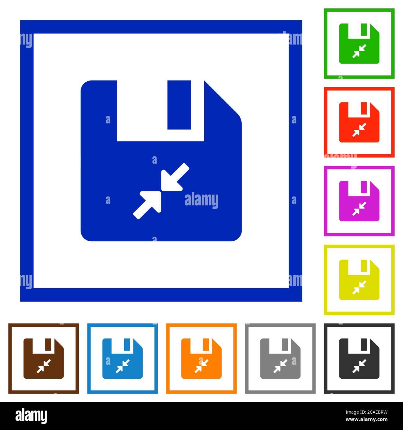 Compress file flat color icons in square frames on white background ...