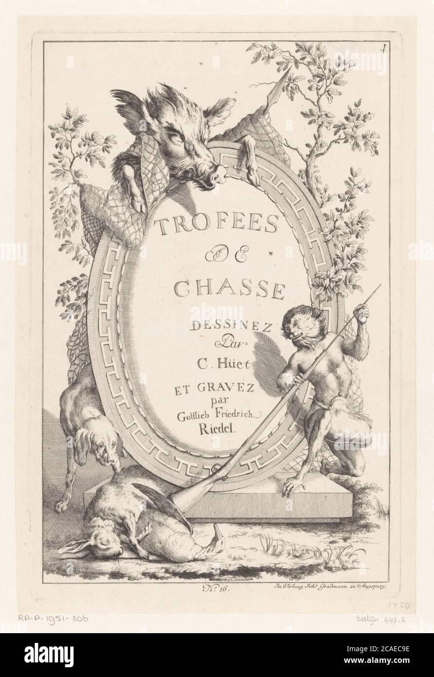 Cartouche with a jachtbuit, Gottlieb Friedrich Riedel, after Christophe Huet, 1734 - 1784 Stock Photo