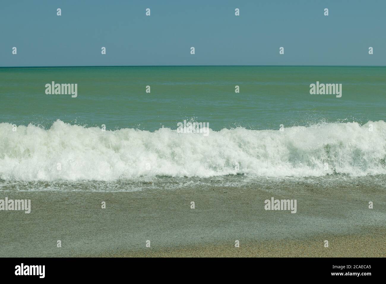Sea wave floating on the sandy shore with foam and spray. Background ...