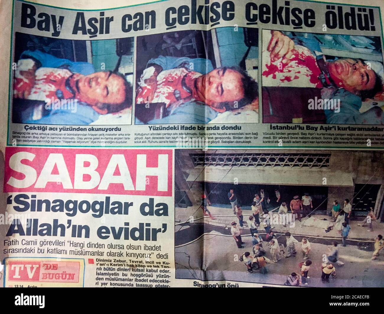 Back page of Sabah, Turkish newspaper, Terror attack at Istanbul synagogue, September 6th 1986, Istanbul, Turkey Stock Photo