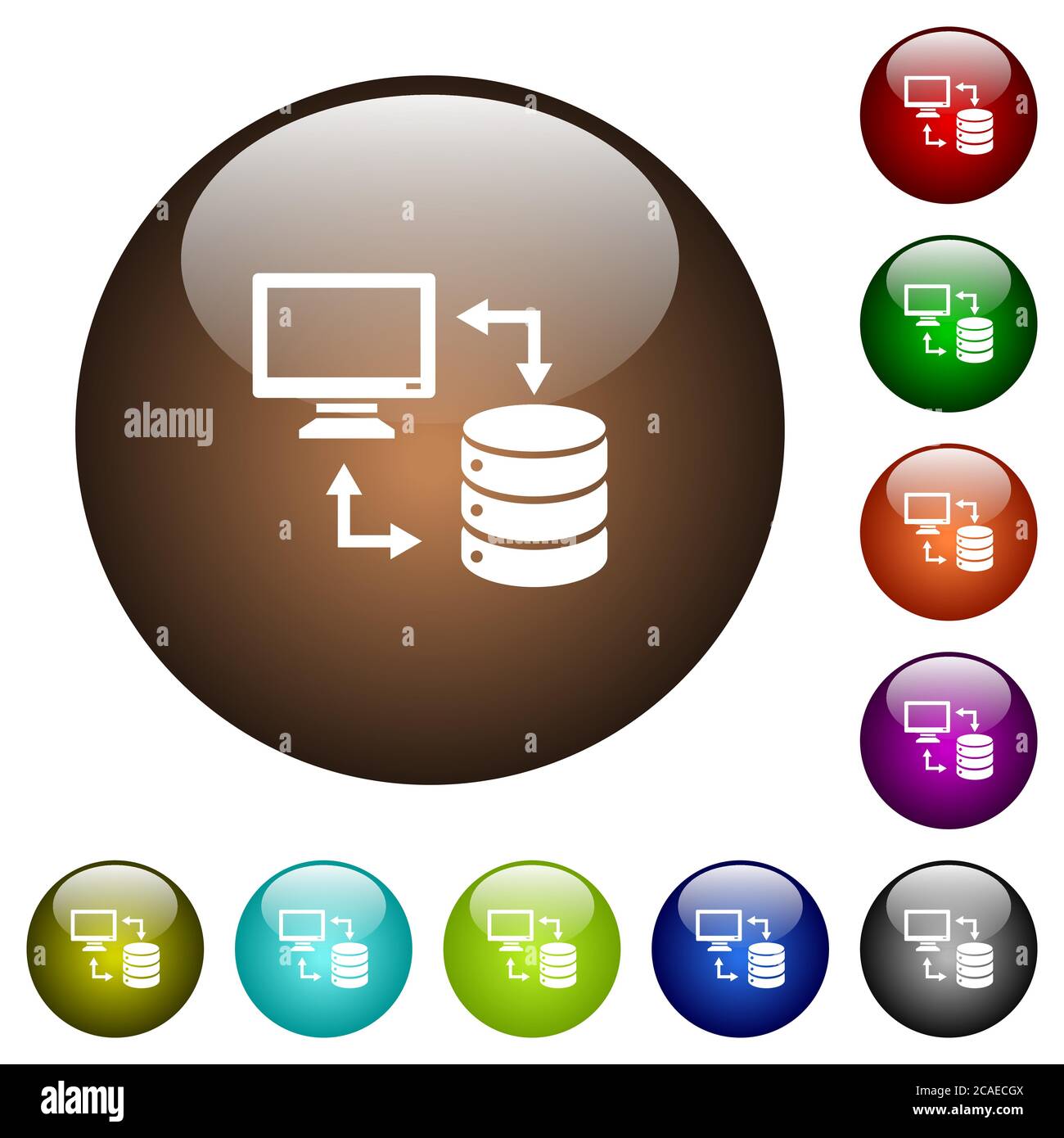 Syncronize data with database white icons on round color glass buttons Stock Vector
