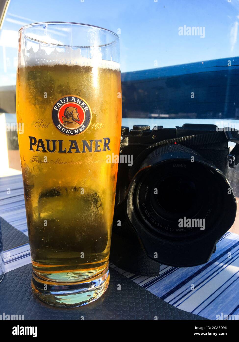 Digital camera and glass of beer, illustration for a photographer's way of life, Le Havre, Seine-Maritime, Normandy, France Stock Photo