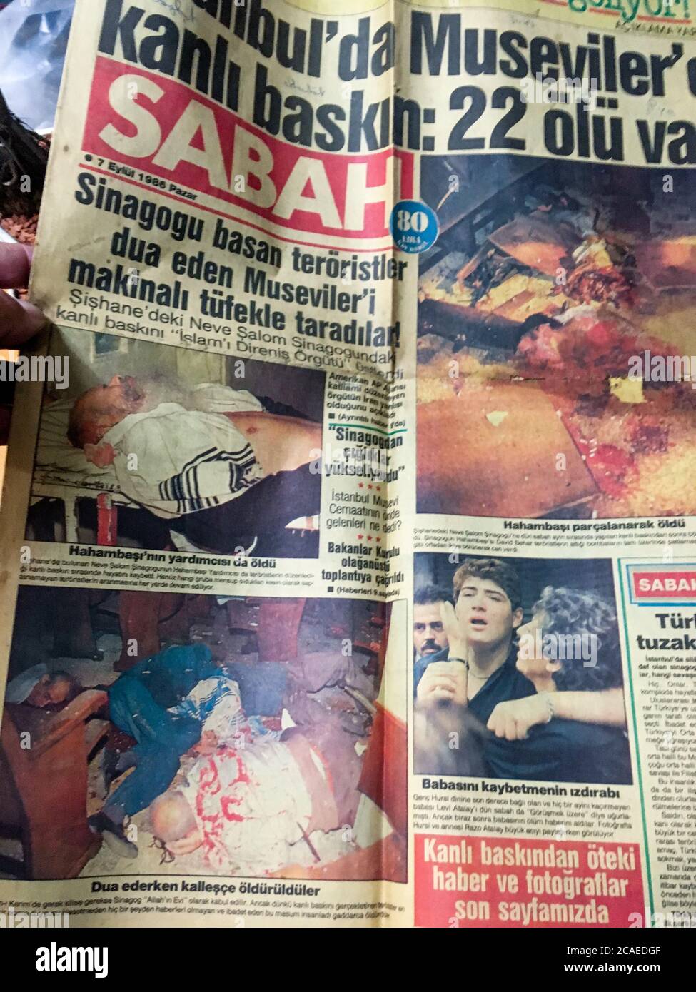 Frontpage of Sabah, Turkish newspaper, Terror attack at Istanbul synagogue, September 6th 1986, Istanbul, Turkey Stock Photo