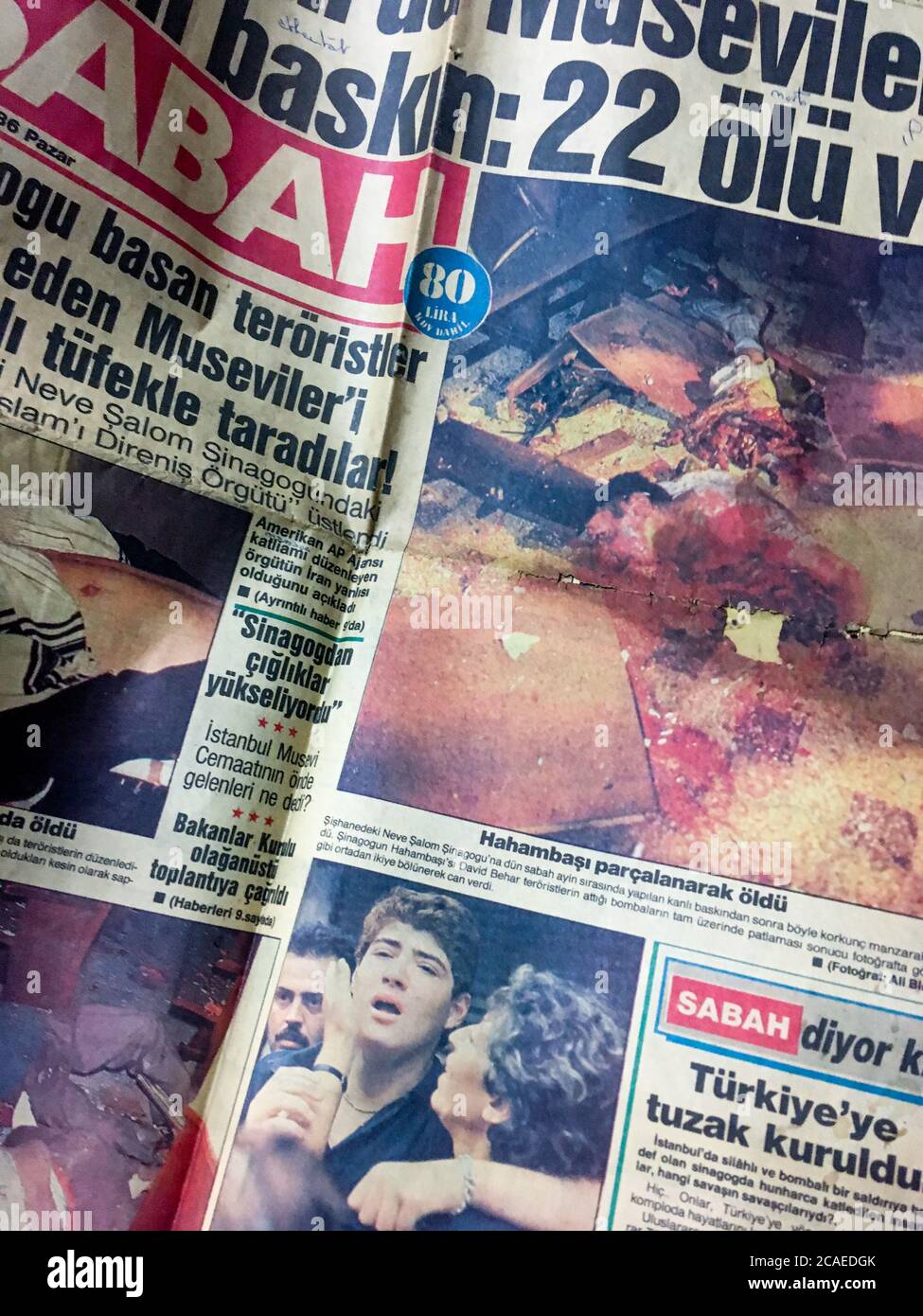 Frontpage of Sabah, Turkish newspaper, Terror attack at Istanbul synagogue, September 6th 1986, Istanbul, Turkey Stock Photo