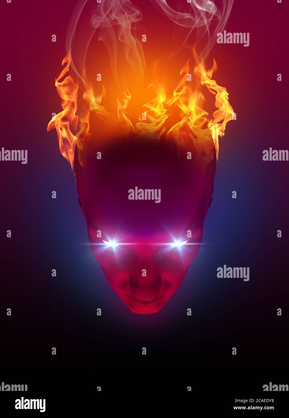 Red burning head with glowing eyes. Halloween background Stock Photo
