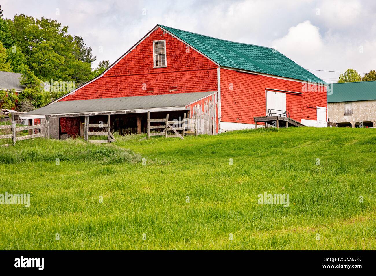 An old red barn at the old Fernald School in Templeton, Massachusetts Stock Photo