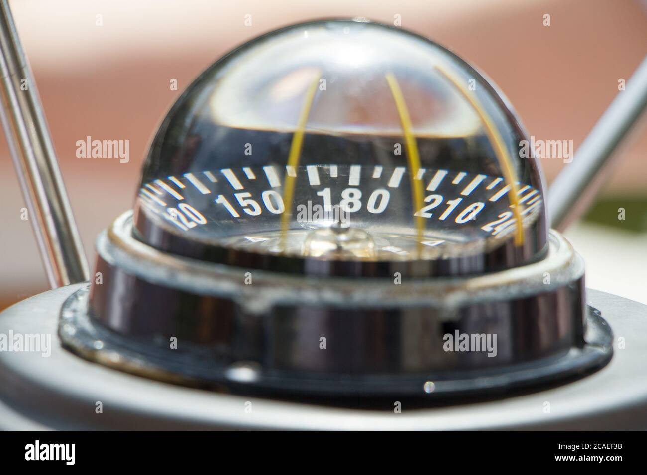 Gyro compass on an expensive yacht close-up. Yacht navigation equipment. Selective focus. Stock Photo