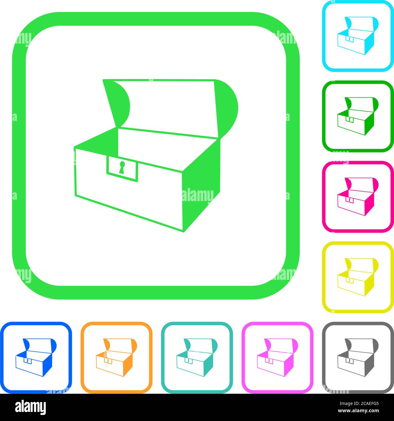 Empty open coffer vivid colored flat icons in curved borders on white background Stock Vector