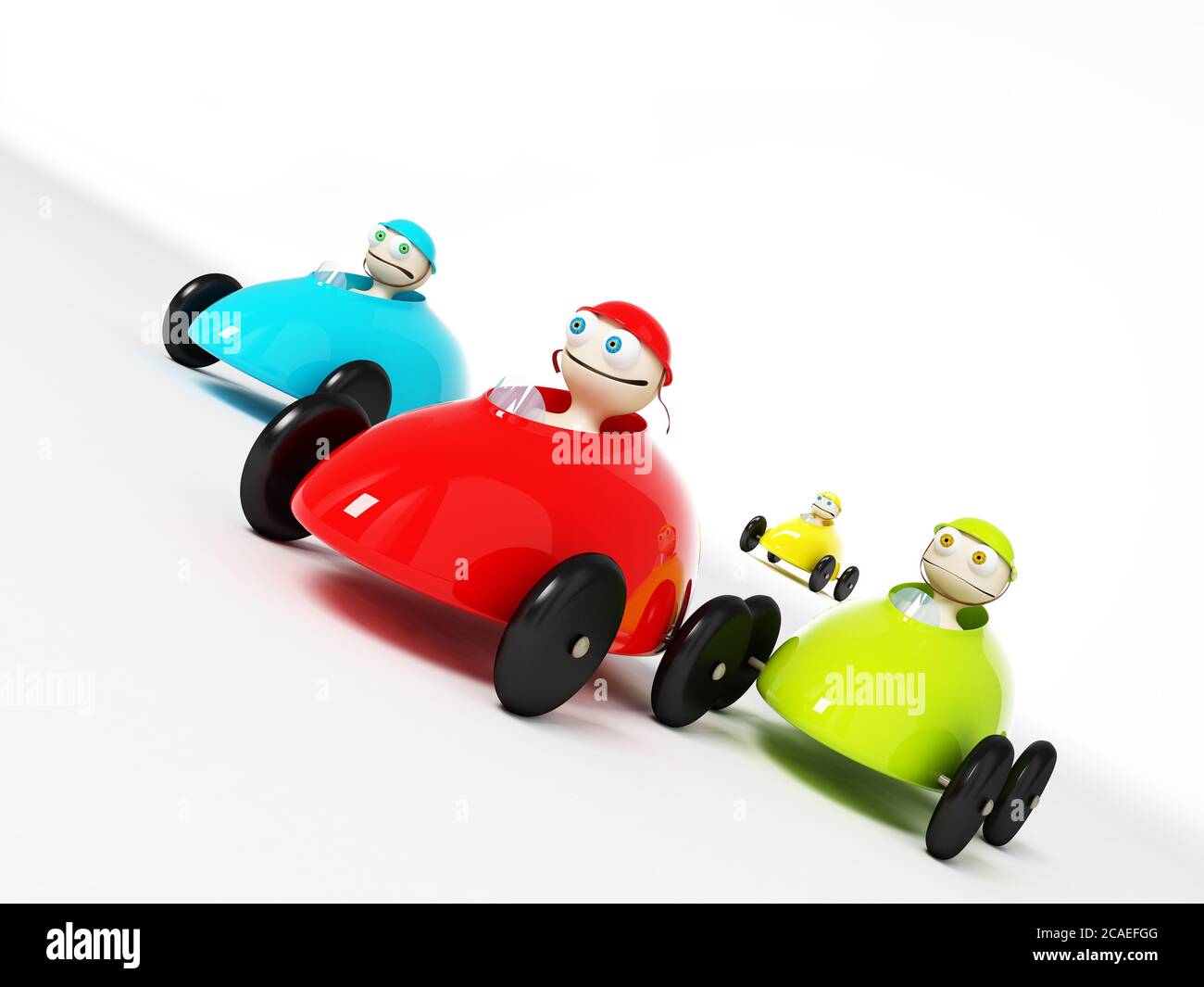 Colored toy cars with cartoon racers. Chasing the leader Stock Photo