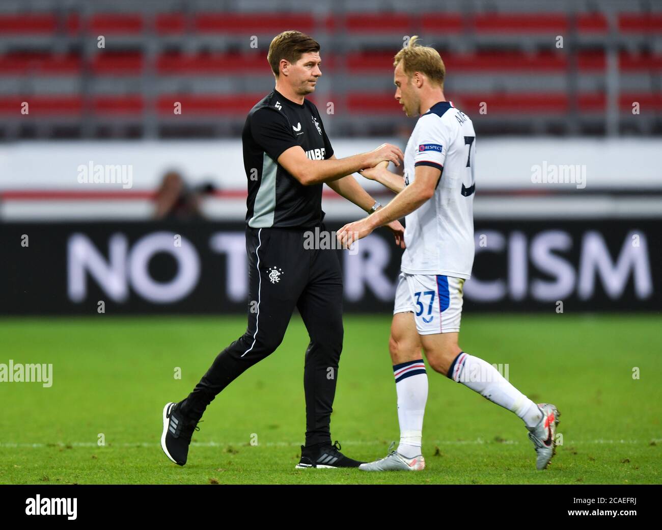 Rangers Head Coach Steven Gerrard Left And Scott Arfield After The Uefa Europa League Quarter Final Match At The Bayarena Leverkusen Stock Photo Alamy