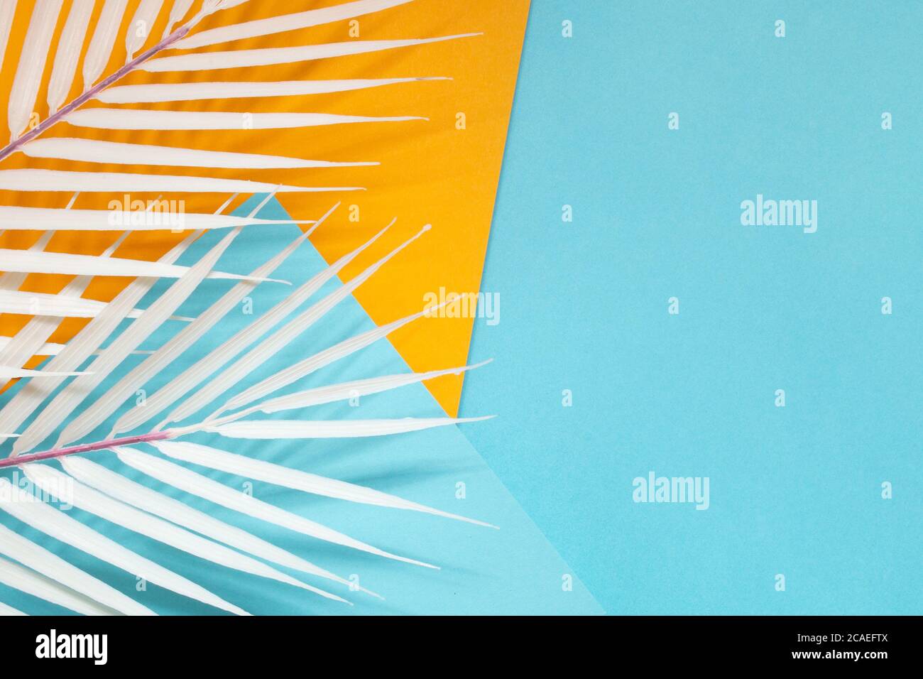 Closeup shot of white palm leaves made of paper on a blue and yellow ...