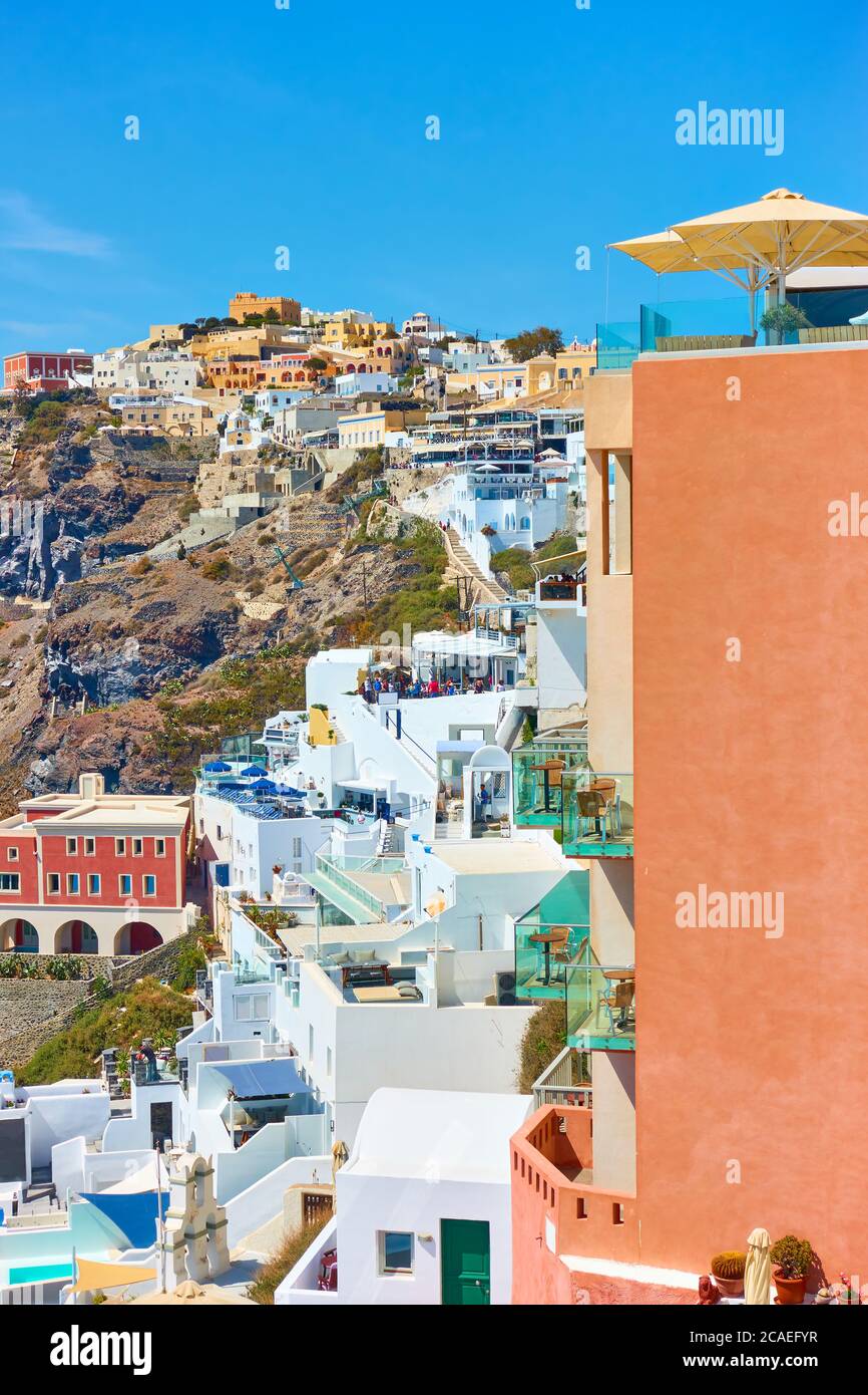 Terraces of Fira town in Santorini in Greece. Greek cityscape Stock Photo