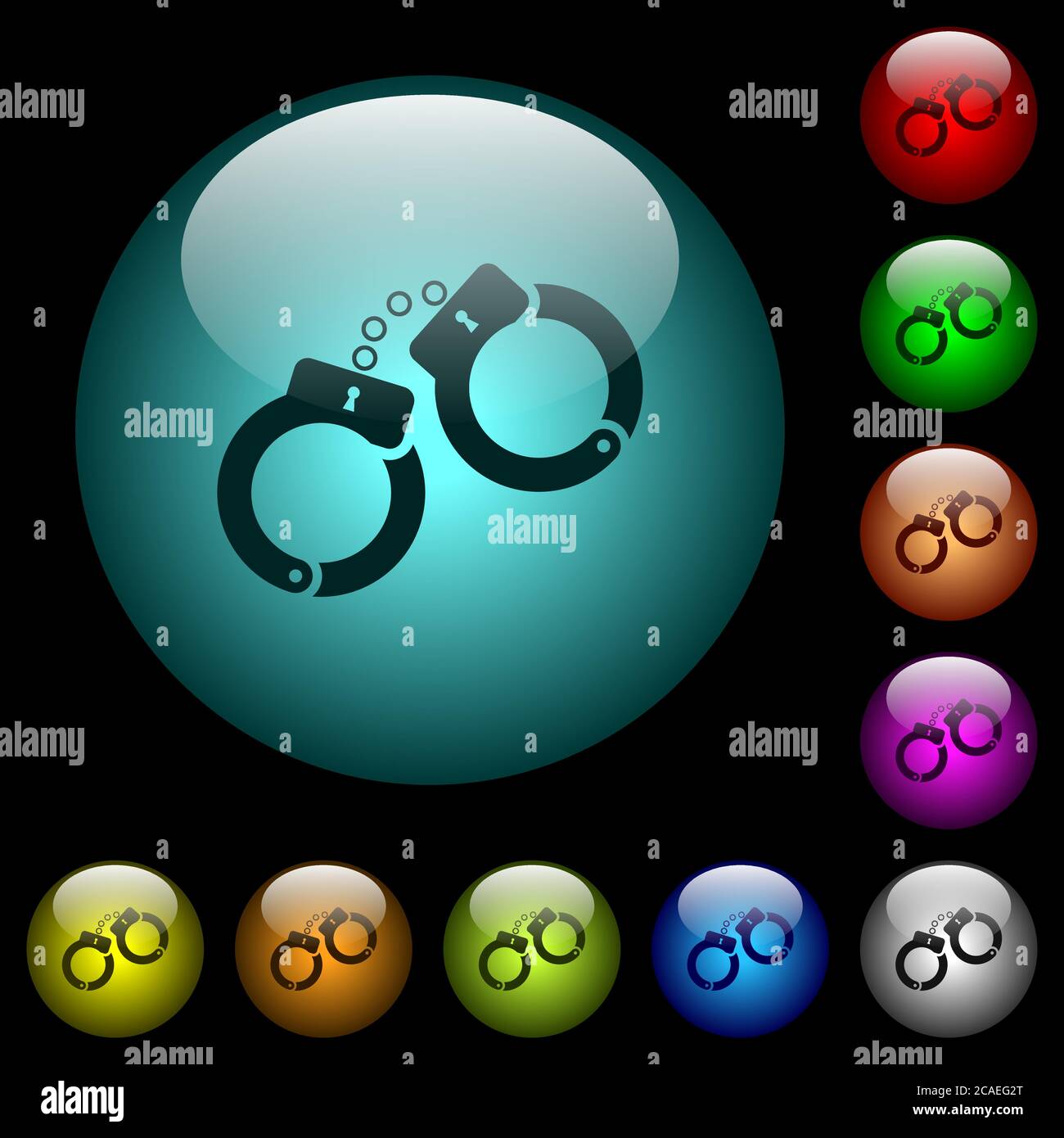 Handcuffs icons in color illuminated spherical glass buttons on black ...