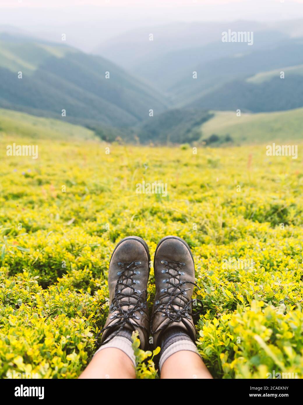 Boots of lonely tourist on lush blueberry bushs covered mountains hill. Landscape photography Stock Photo