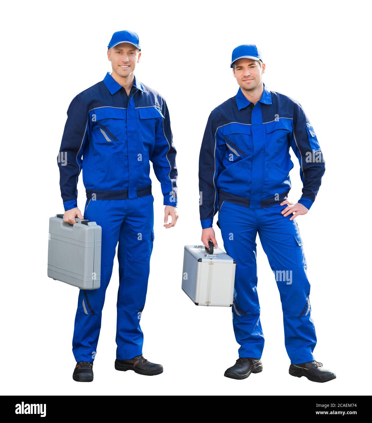 Isolated Happy Tradesman Construction Worker Men In Overalls Stock Photo