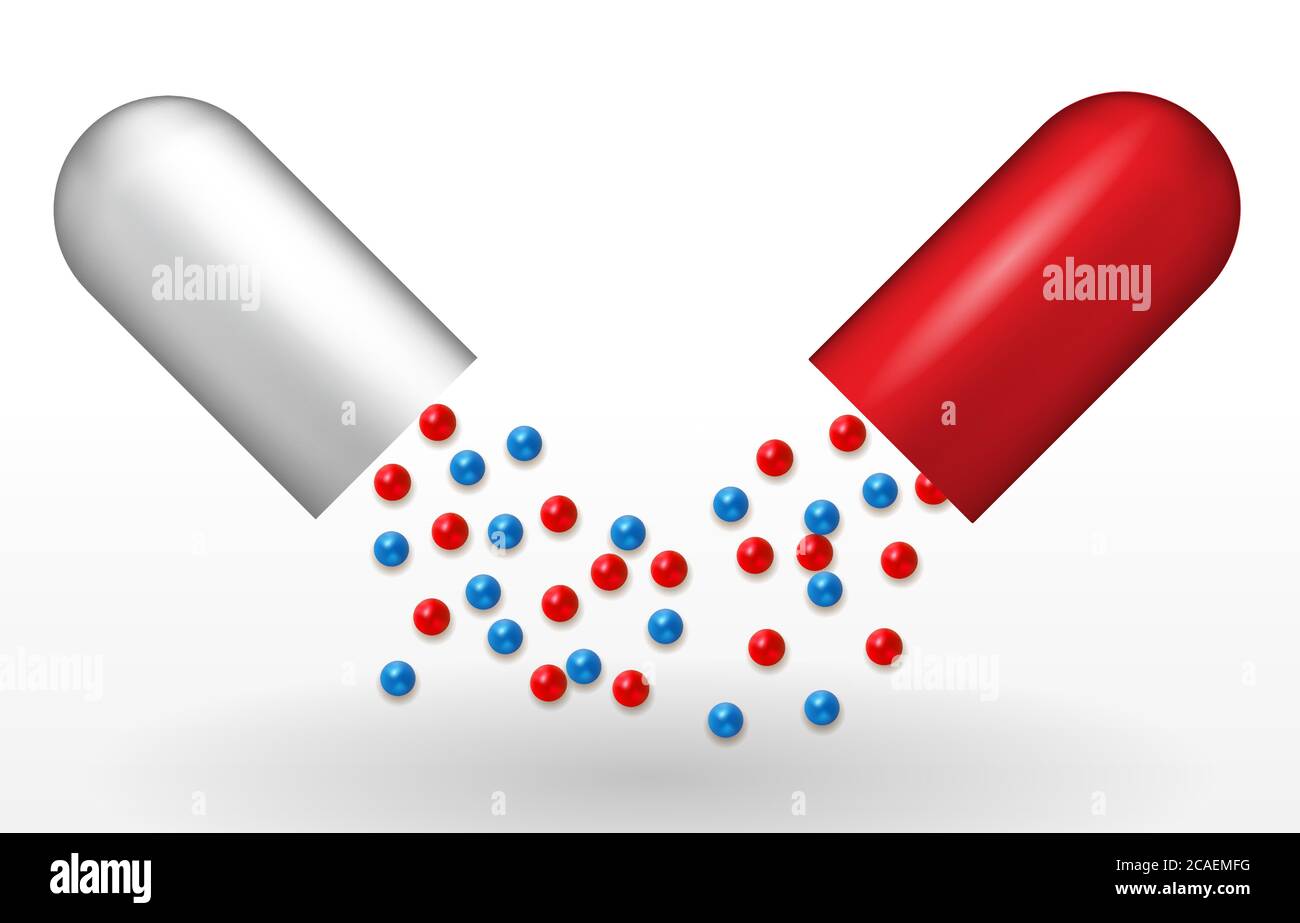 Naturalistic red and white capsule. Cure for diseases. Vaccine in pill. Vector Illustration Stock Vector