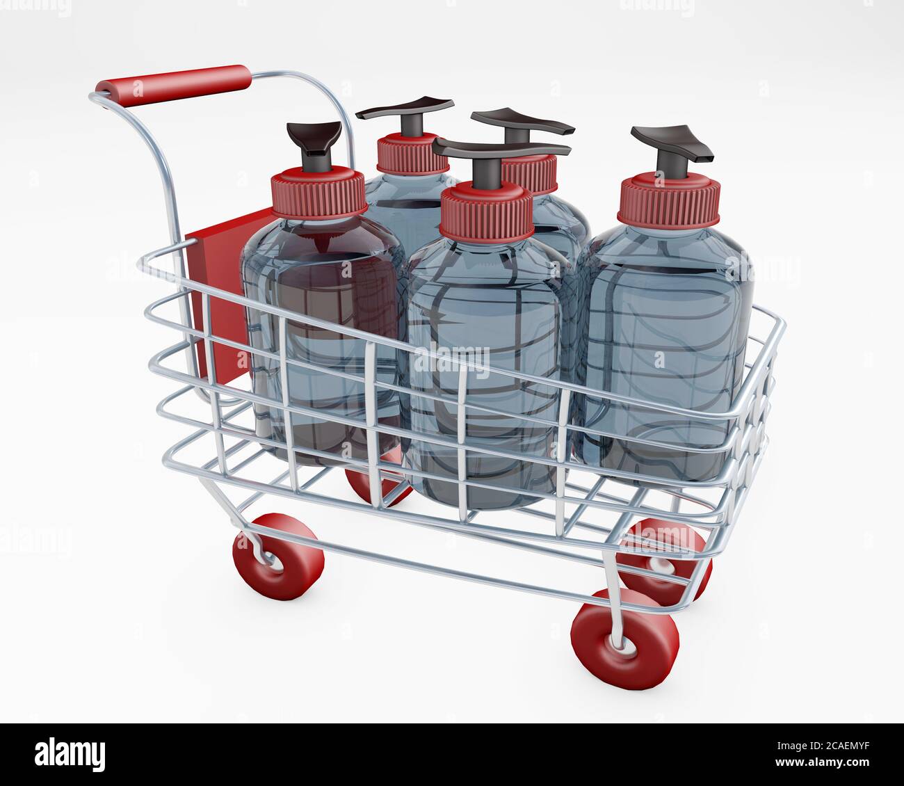 Shopping cart full of disinfectant 3d rendering isolated on white Stock Photo