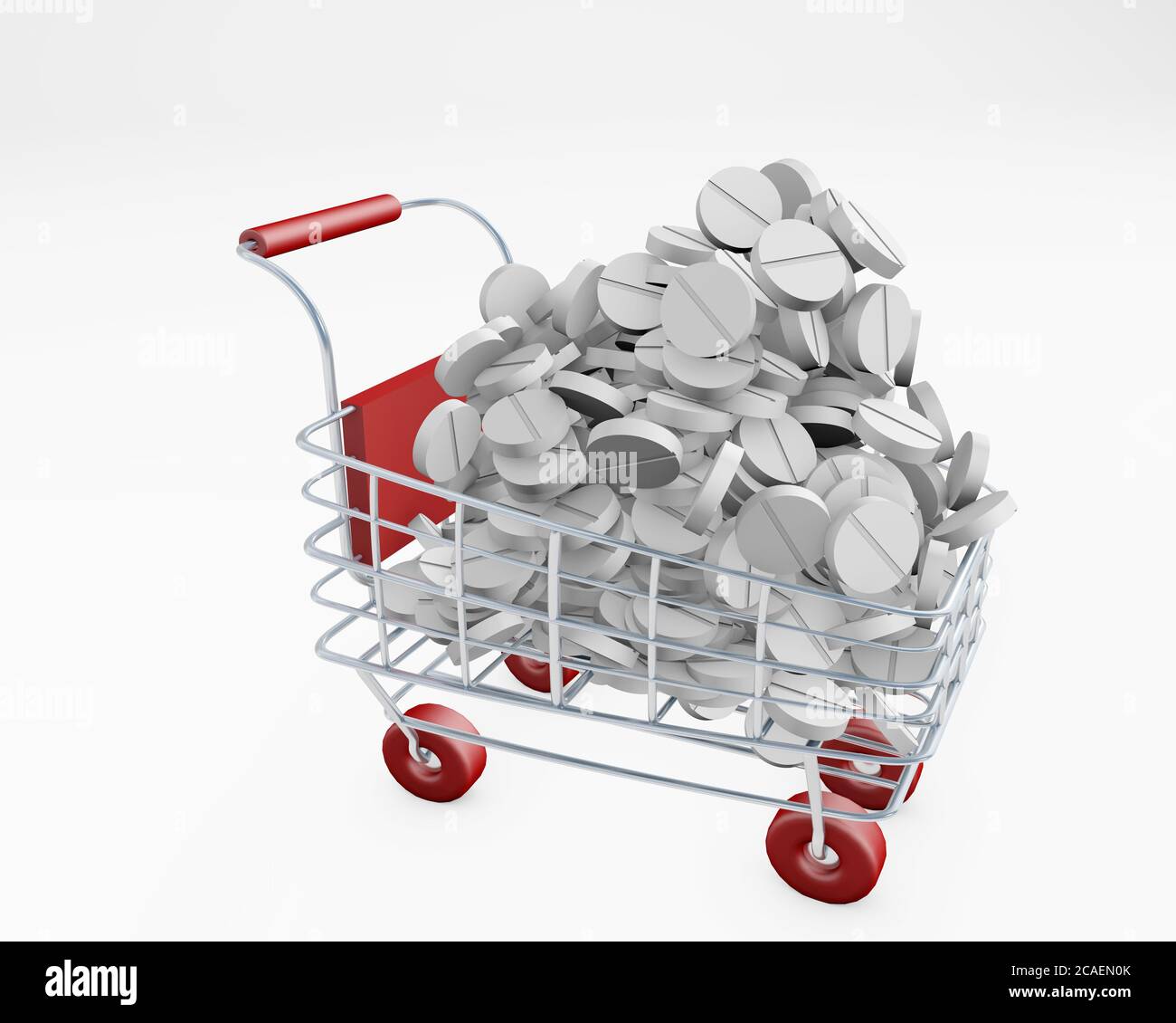 Shopping cart full of pills pharmacy business concept 3d rendering isolated on white Stock Photo