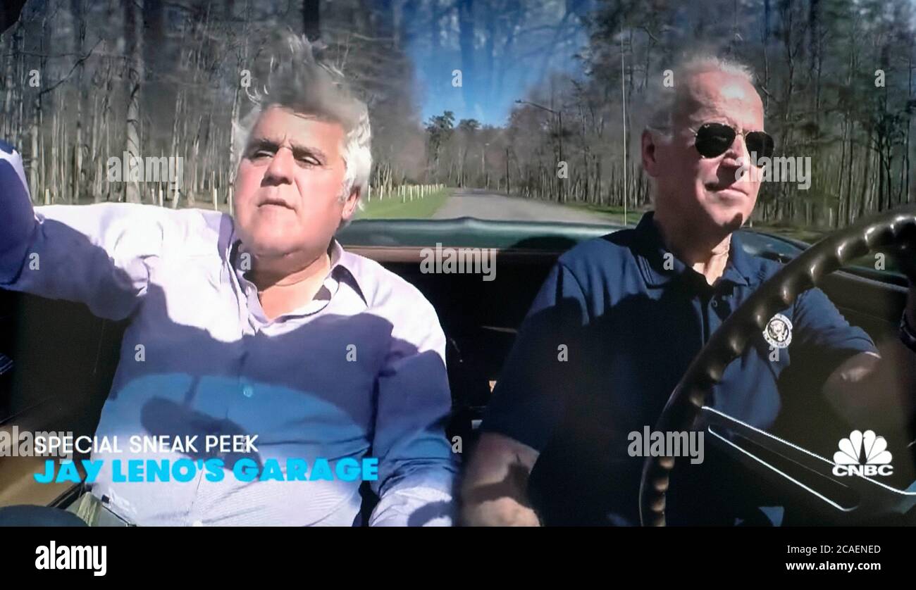 Los Angeles, California, USA. 06th Aug, 2020. A screen grab from the CNBC show, 'Jay Leno's Garage'. In 2016, the popular CNBC show featured a segment in which Leno and Vice President JOE BIDEN went for a ride in Mr. Biden's 1967 4-Speed 300-hp 327-cu-in V8 Corvette Stingray in Goodwood Green. Mr. Biden is the original owner of the car, having received it as a wedding present. Vice Presidents and Presidents are ordinarily not permitted to drive during their time in office, but Mr. Biden received permission from the Secret Service to film the segment on their closed course.(Credit Image: Stock Photo