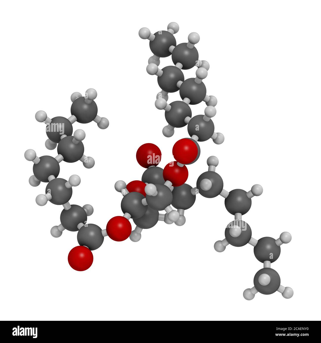 Triheptanoin drug molecule. 3D rendering. Atoms are represented as spheres with conventional color coding: hydrogen (white), carbon (grey), oxygen (re Stock Photo