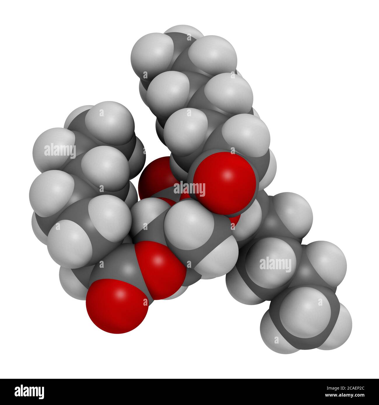Triheptanoin drug molecule. 3D rendering. Atoms are represented as spheres with conventional color coding: hydrogen (white), carbon (grey), oxygen (re Stock Photo