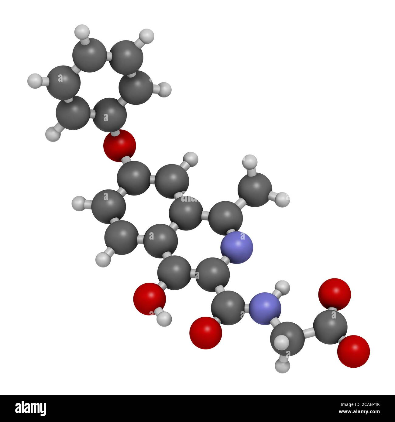 Roxadustat drug molecule. 3D rendering. Atoms are represented as spheres with conventional color coding: hydrogen (white), carbon (grey), nitrogen (bl Stock Photo
