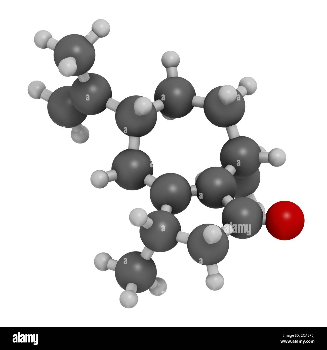 Rotundone peppery taste molecule. 3D rendering. Atoms are represented as spheres with conventional color coding: hydrogen (white), carbon (grey), oxyg Stock Photo