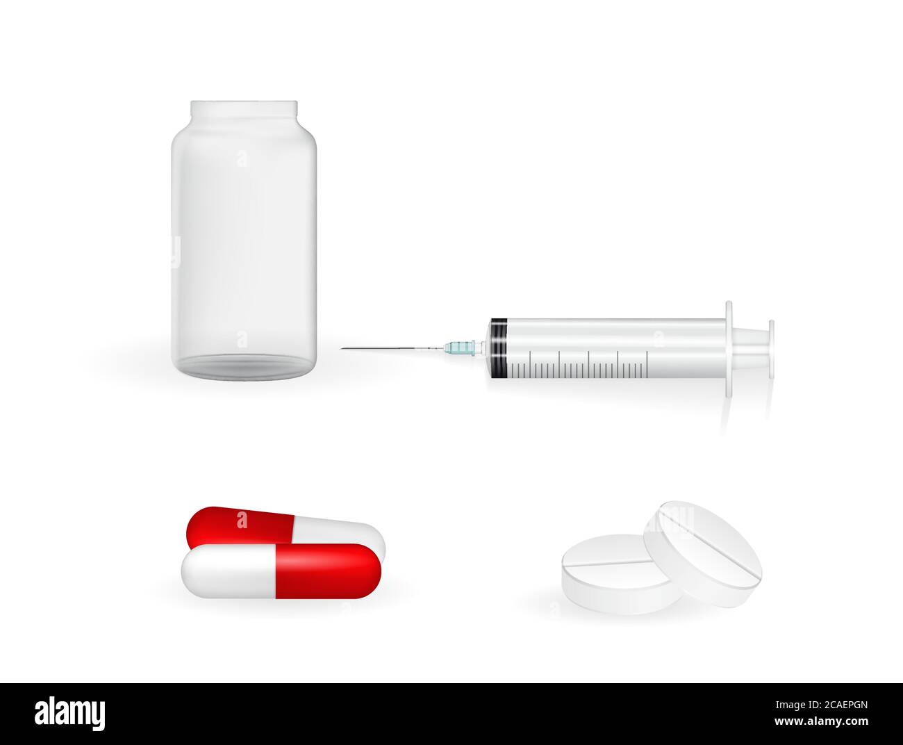 Naturalistic white tablets, capsules and ampoules, syringe and needle. Cure for diseases. Vaccine in pill. Vector Illustration Stock Vector