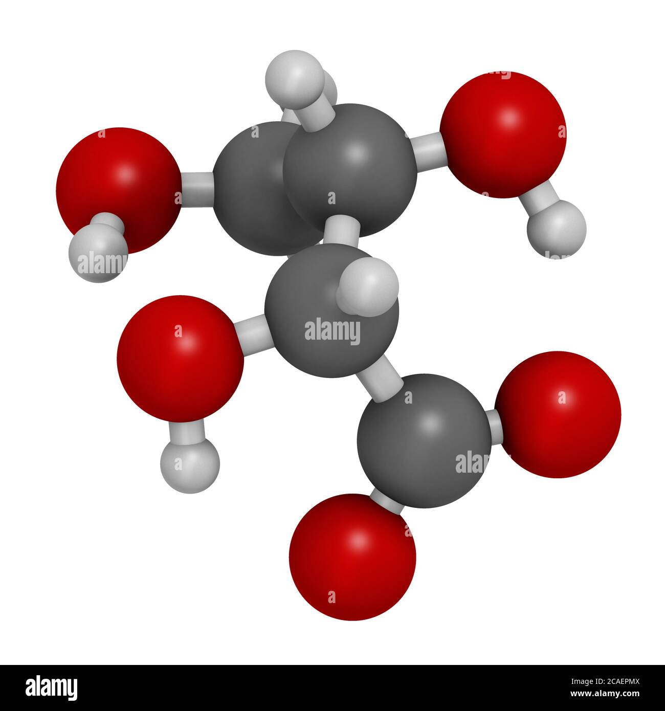 L-Threonic acid molecule. 3D rendering. Atoms are represented as spheres with conventional color coding: hydrogen (white), carbon (grey), oxygen (red) Stock Photo