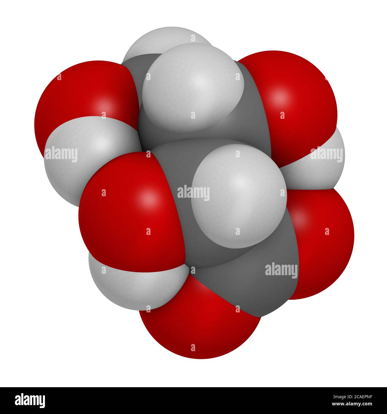 L-Threonic acid molecule. 3D rendering. Atoms are represented as spheres with conventional color coding: hydrogen (white), carbon (grey), oxygen (red) Stock Photo