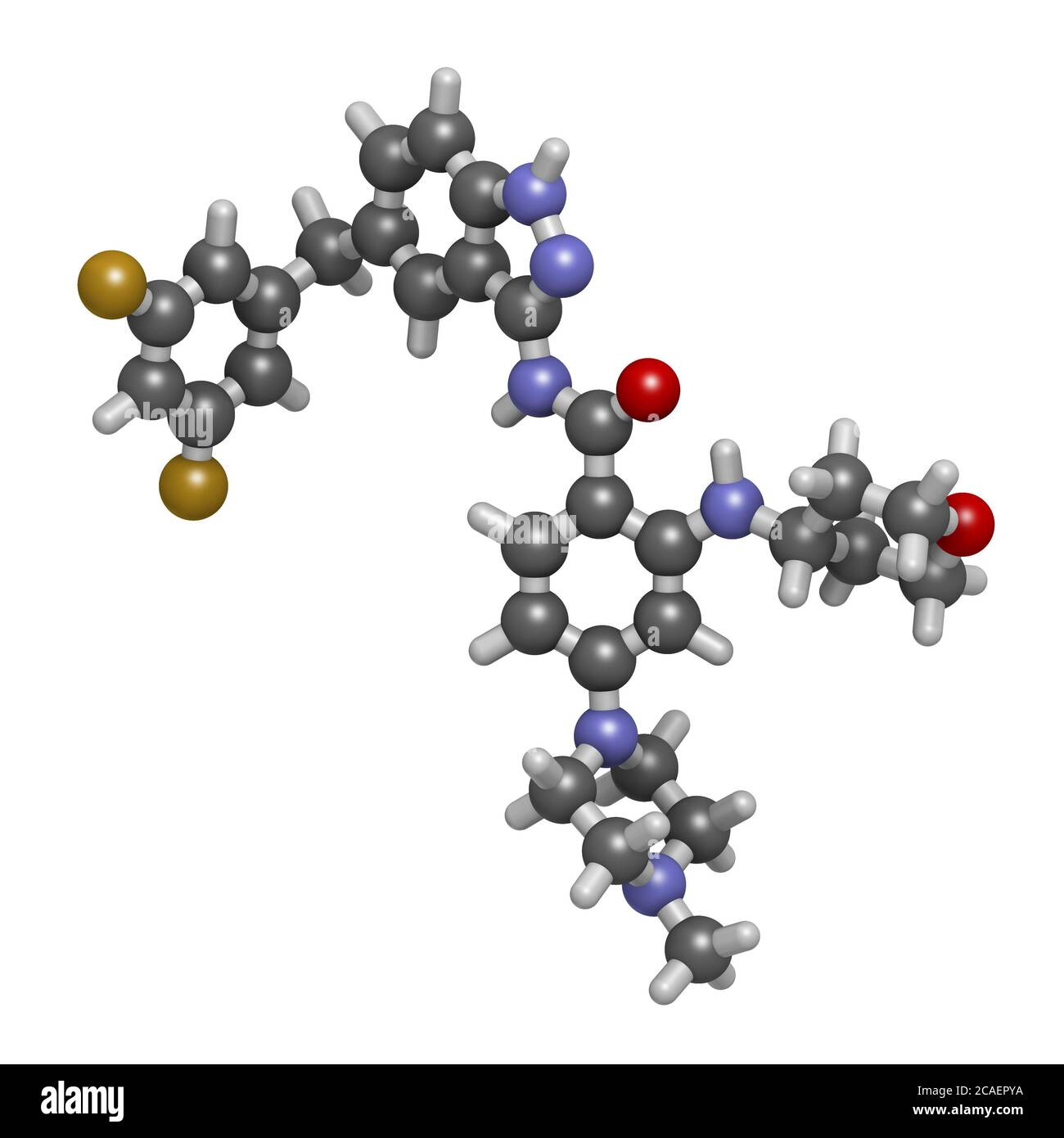 Entrectinib Structure Entrectinib cancer drug molecule. 3D rendering. Atoms are represented ...
