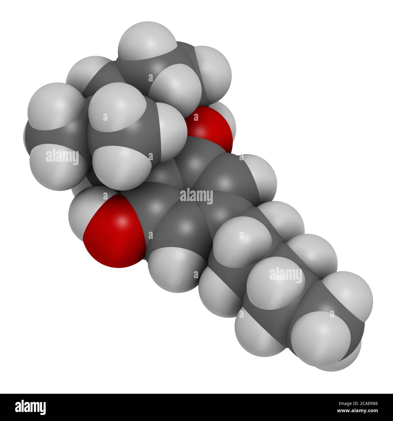 Cannabicyclol or CBL cannabinoid molecule. 3D rendering. Atoms are represented as spheres with conventional color coding: hydrogen (white), carbon (gr Stock Photo