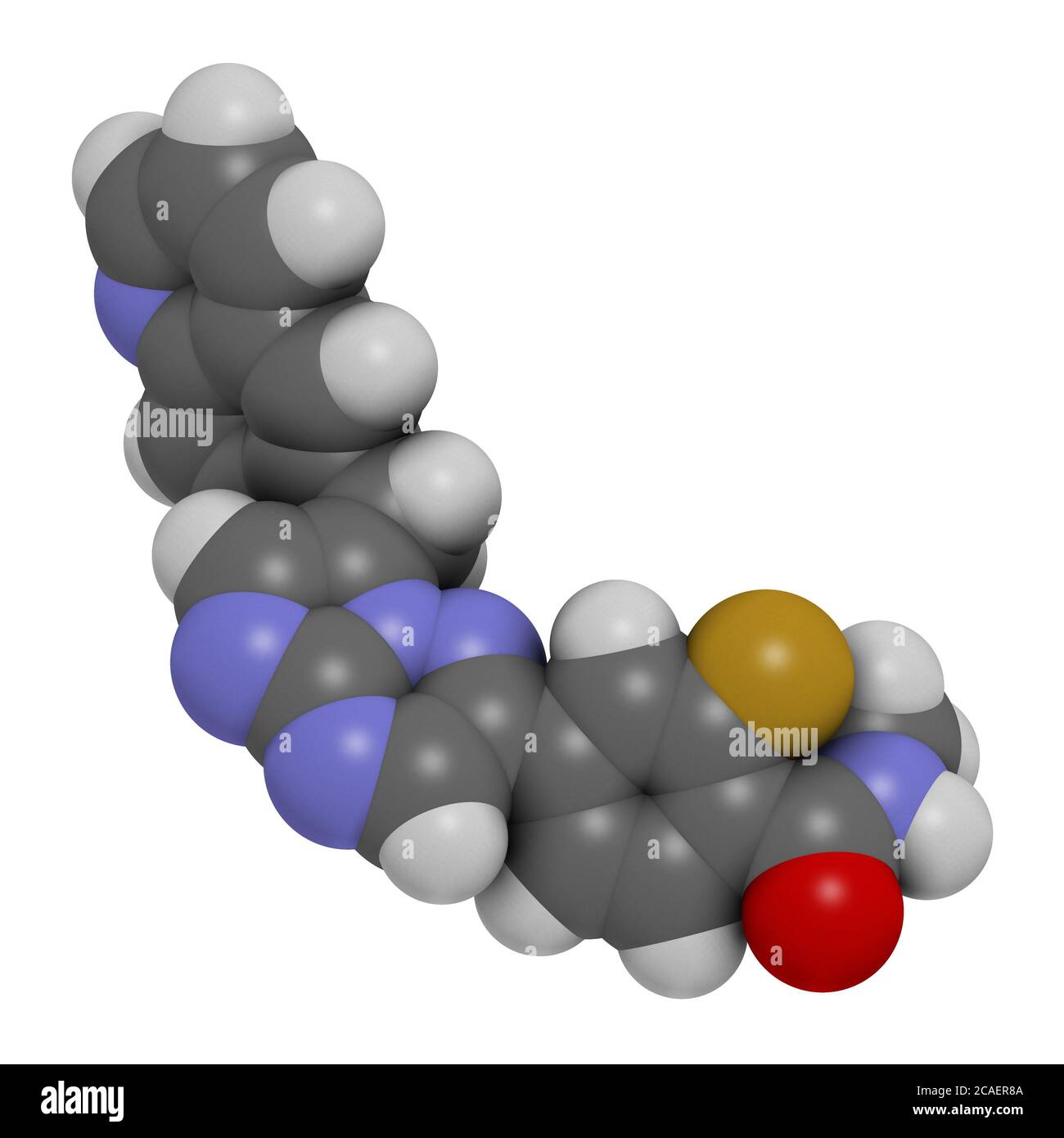 Capmatinib cancer drug molecule (c-met inhibitor). 3D rendering. Atoms are represented as spheres with conventional color coding: hydrogen (white), ca Stock Photo