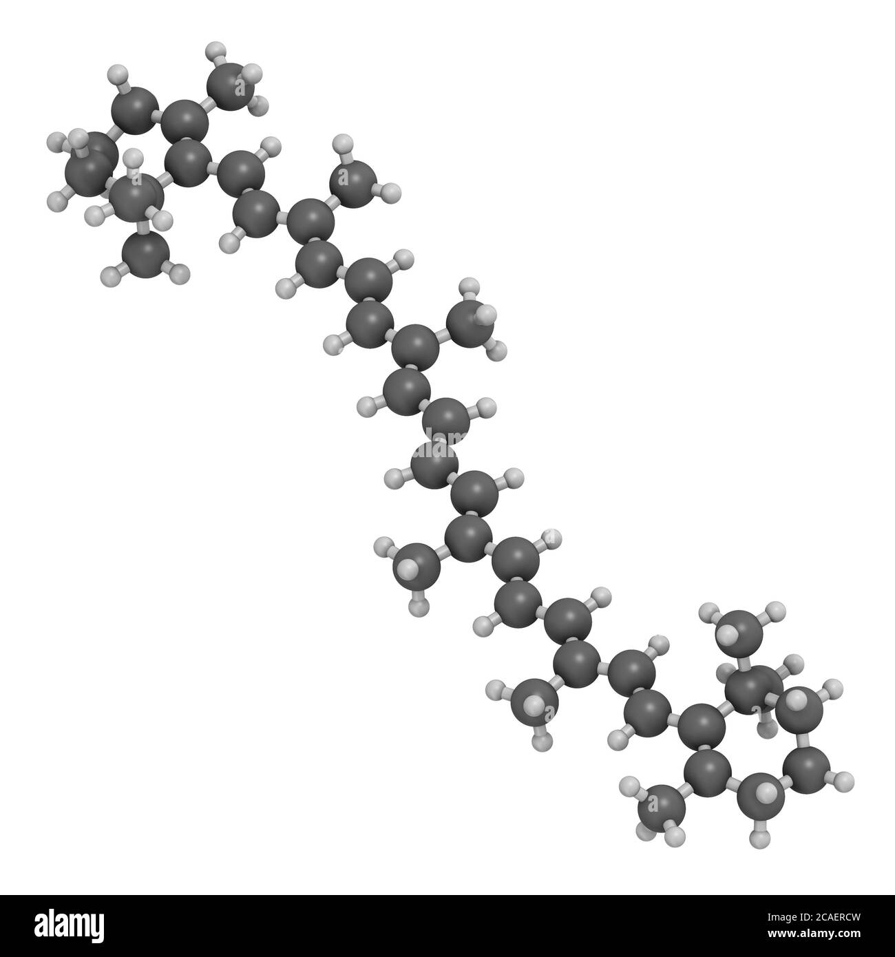 Betacarotene pigment molecule. 3D rendering. Atoms are represented as