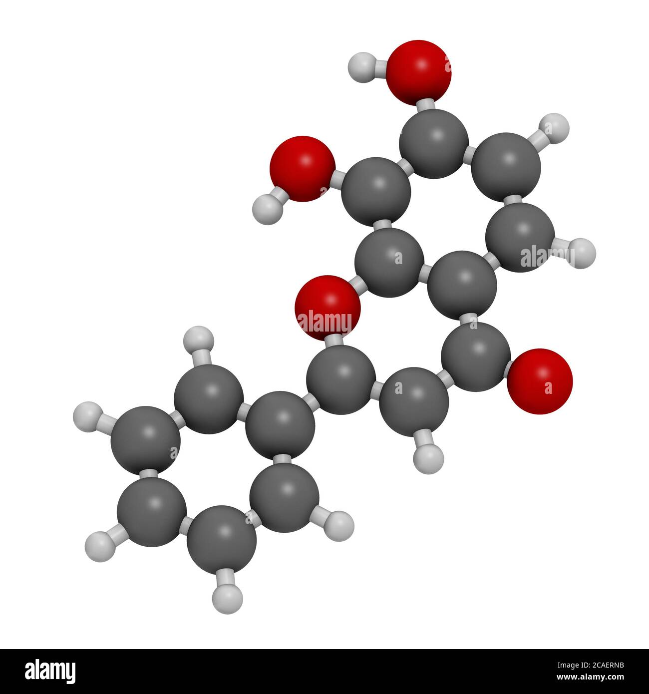 7,8-Dihydroxyflavone or 7,8-DHF molecule. 3D rendering. Atoms are represented as spheres with conventional color coding: hydrogen (white), carbon (gre Stock Photo